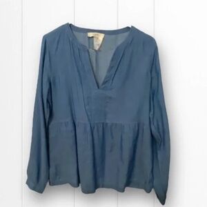 Loft Boho Blue Chambray Long Sleeve Peplum Top Pop Over, Size Small